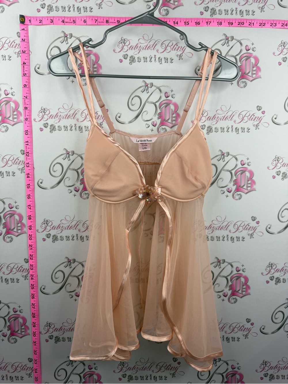 La Vie En Rose Peach Sheer Babydoll with Ribbon & Floral Accent sequin